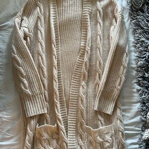 SHEIN Chunky Cable Knit Longline Cardigan with Front Pockets (Cream/Beige)